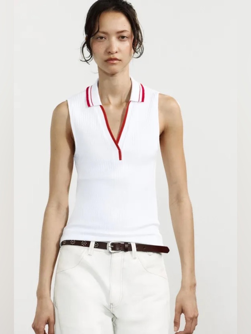 Zara White Ribbed Sleeveless Polo Top with Red Trim | L | NWT